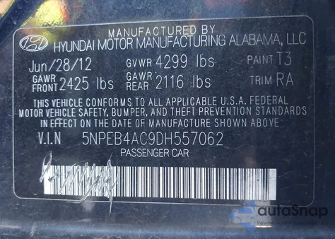 2013 Hyundai Sonata Gls z USA, uszkodzony, nr VIN 5NPEB4AC9DH557062